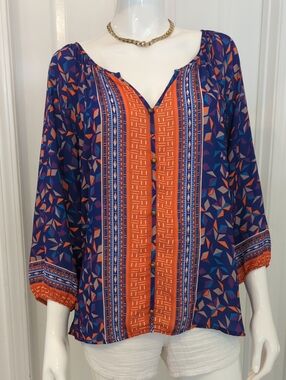 Sophie And Kate Navy Orange Printed Peasant Blouse L
